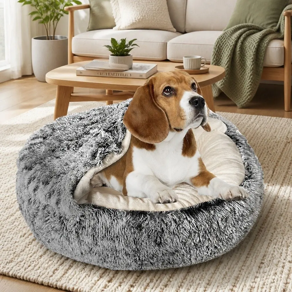 Pet Dog Calming Bed Medium Warm Soft Plush Cave Washable Bolster Charcoal