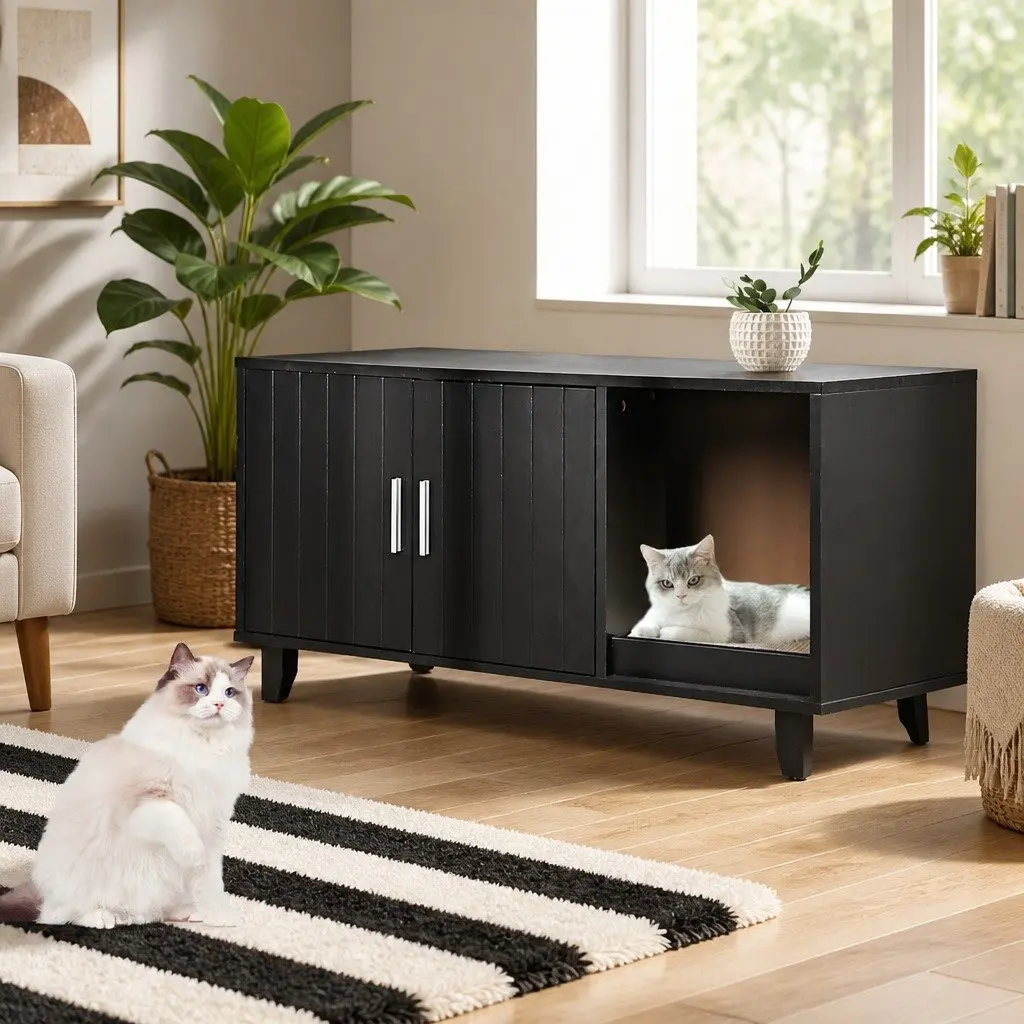 Cat Litter Box Enclosure Cabinet Wooden Furniture Side Table Scratching Board
