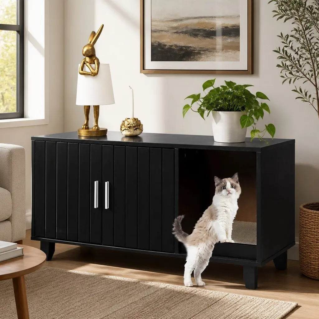 Cat Litter Box Enclosure Cabinet Wooden Furniture Side Table Scratching Board