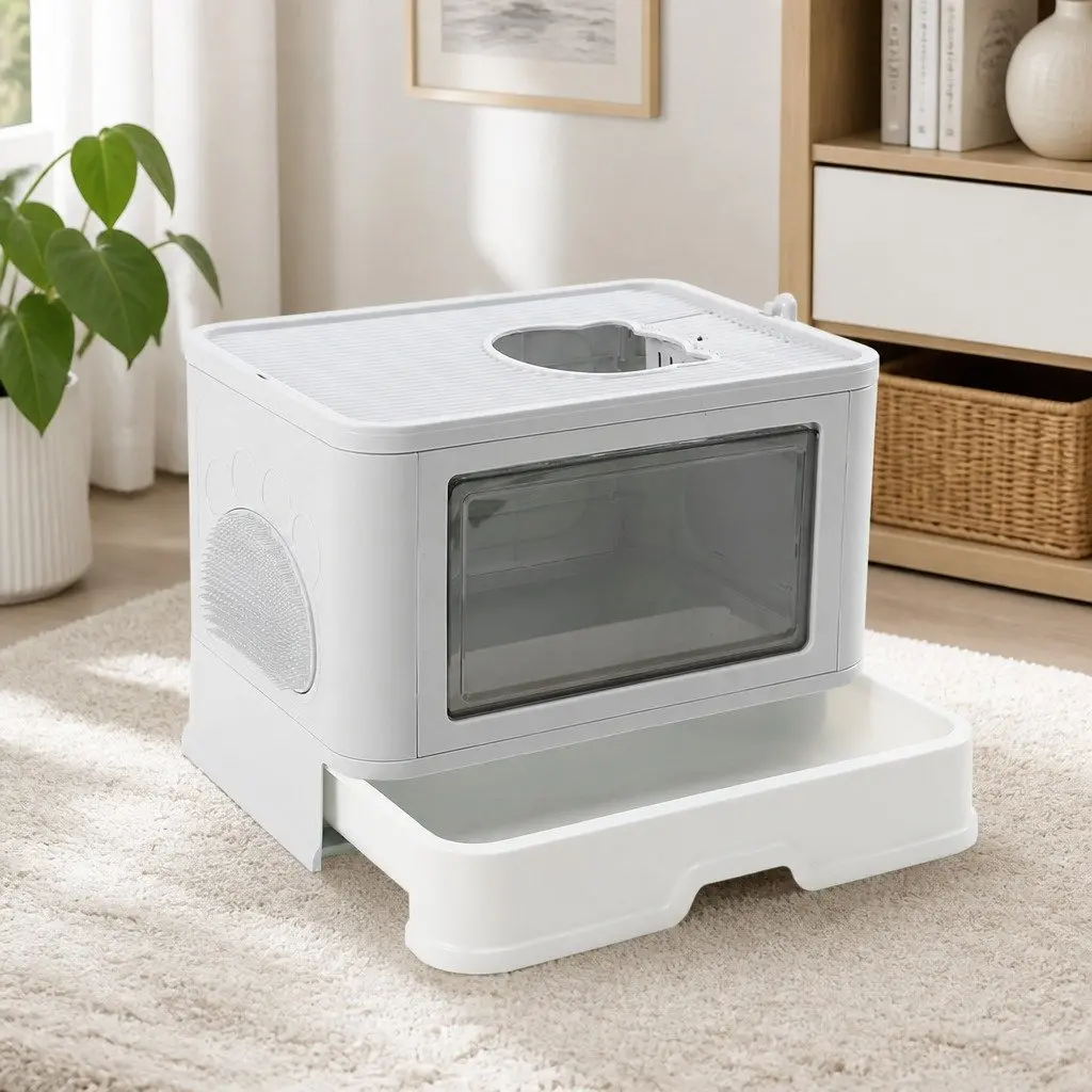 Foldable Cat Litter Box Enclosed Entry Exit Door Removable Drawer Grey
