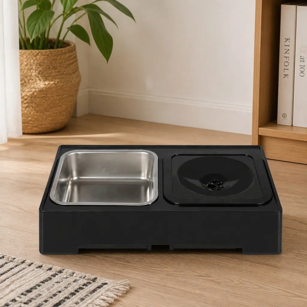 Elevated Pet Feeder Adjustable Height Stainless Steel Non-Slip Black