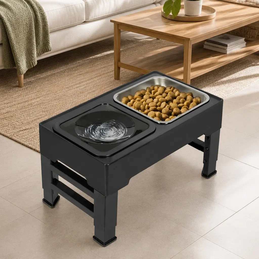 Elevated Pet Feeder Adjustable Height Stainless Steel Non-Slip Black