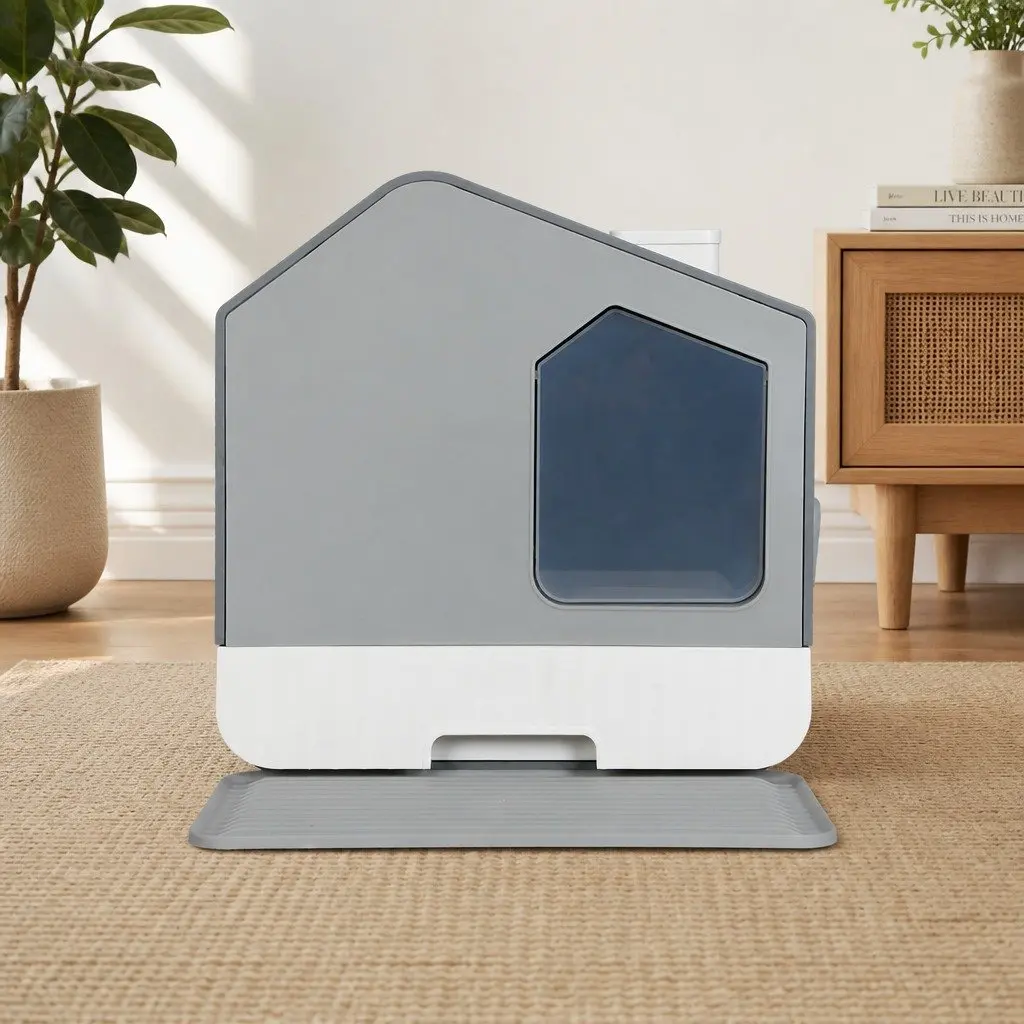 Fully Enclosed Cat Litter Box with Pull-Out Mat Grey Privacy Shelter Tray Scoop