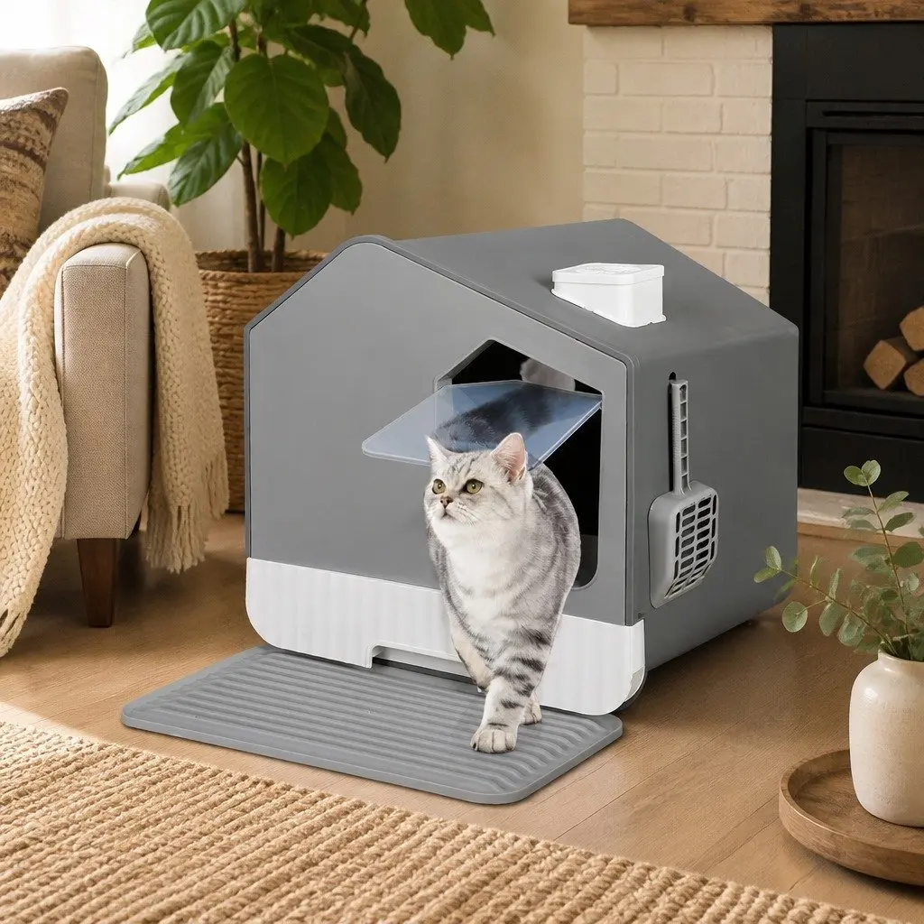 Fully Enclosed Cat Litter Box with Pull-Out Mat Grey Privacy Shelter Tray Scoop