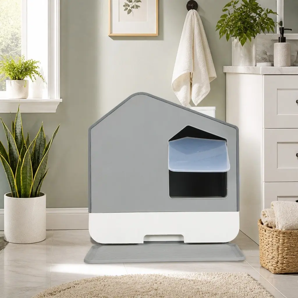 Fully Enclosed Cat Litter Box with Pull-Out Mat Grey Privacy Shelter Tray Scoop