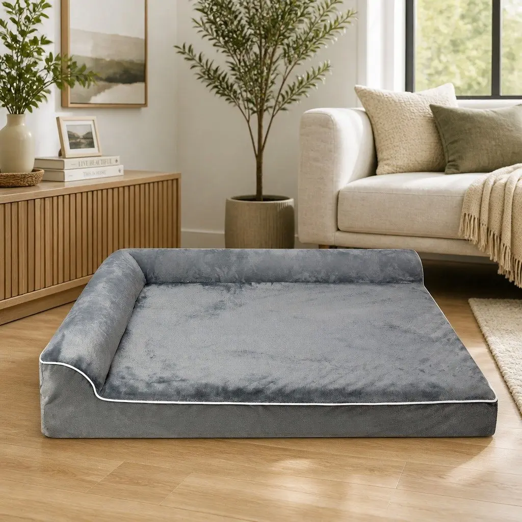 Orthopedic Dog Bed Memory Foam XXL L-Shaped Bolster Grey