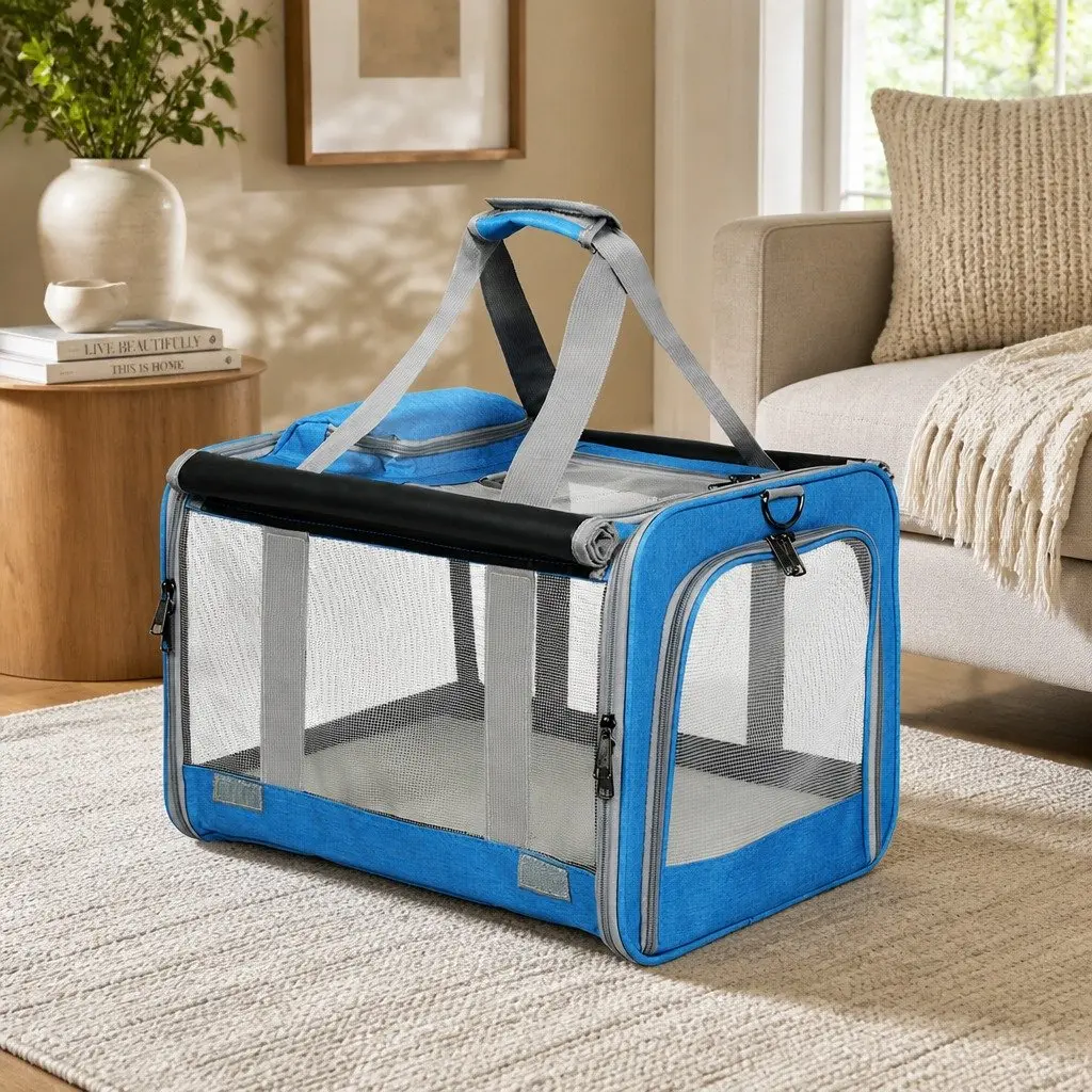 Pet Carrier Bag Portable 3 in 1 M Size Blue Oxford Fabric Shoulder Handbag Crossbody for Dog Cat