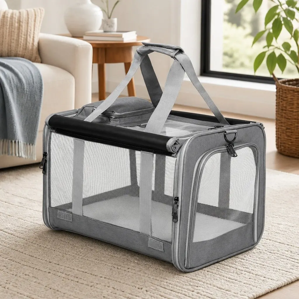 Pet Carrier Bag Portable M Size Grey Foldable Shoulder for Dog Cat Travel