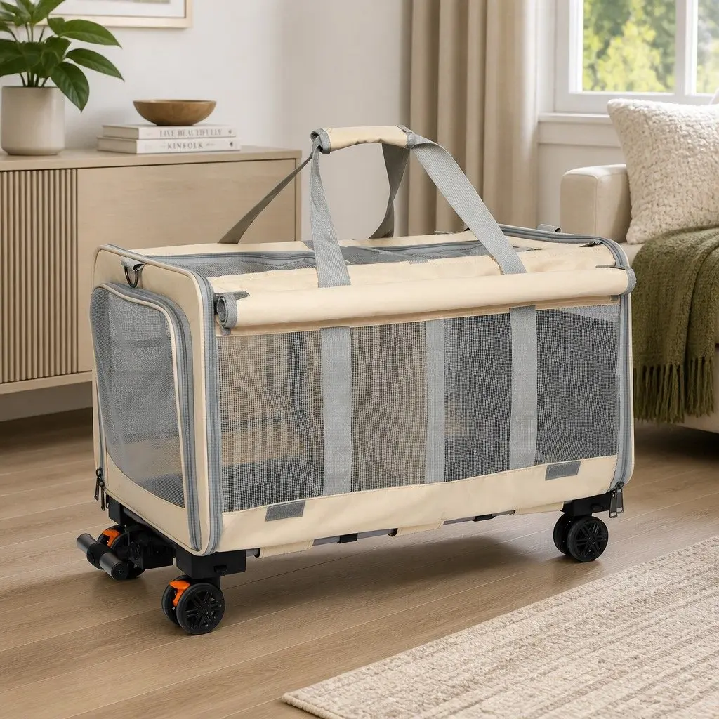 Pet Carrier Rolling Foldable Portable Travel Crate Backpack Hand-Carry Beige