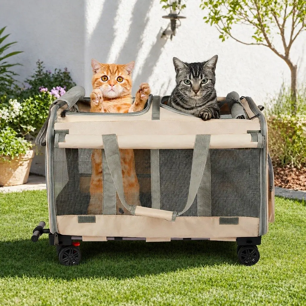 Pet Carrier Rolling Foldable Portable Travel Crate Backpack Hand-Carry Beige