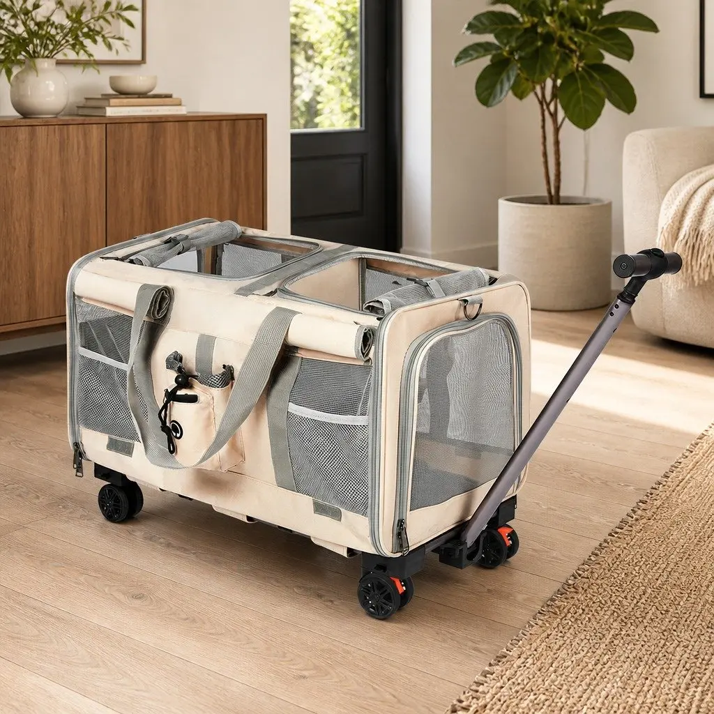 Pet Carrier Rolling Foldable Portable Travel Crate Backpack Hand-Carry Beige