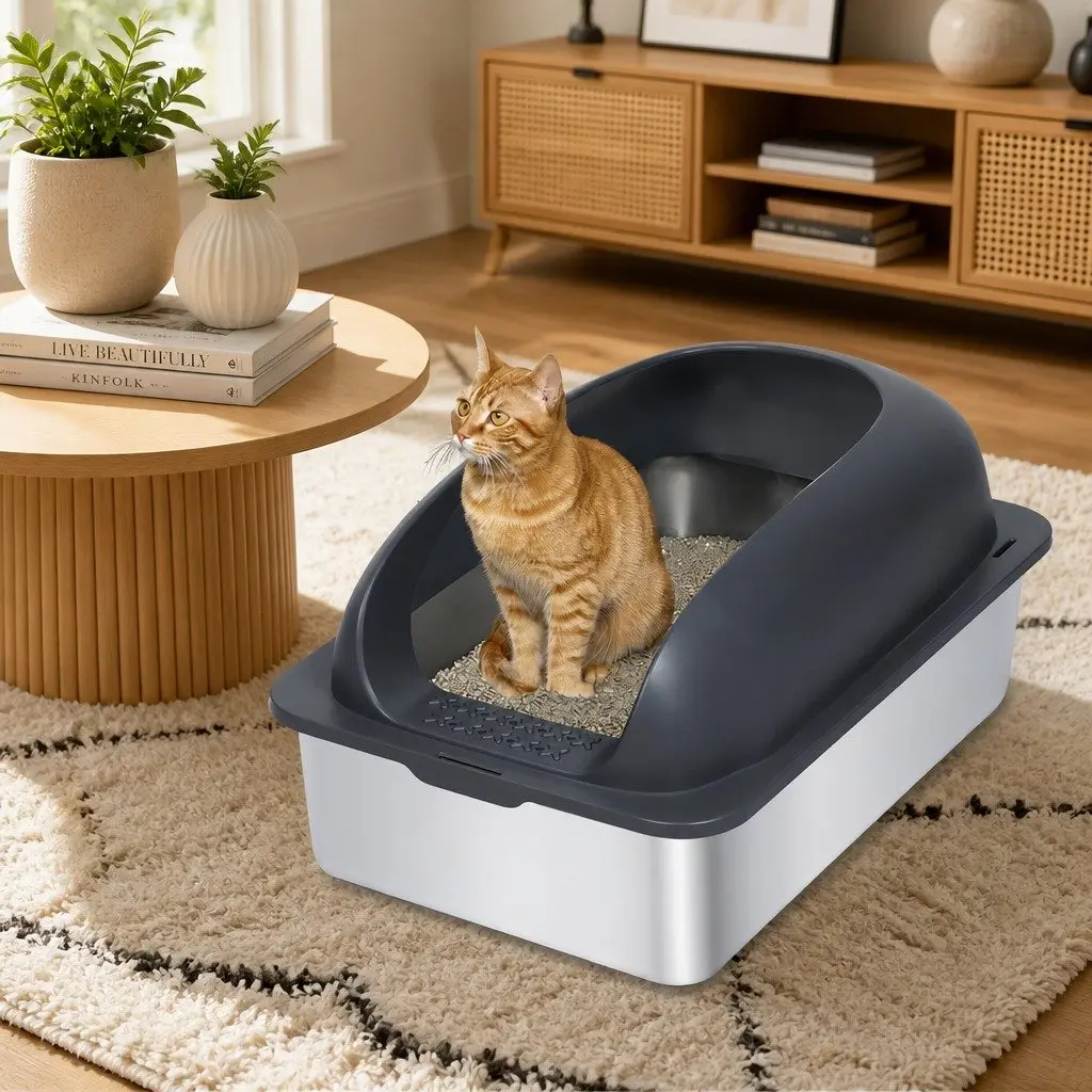 Cat Litter Box Stainless Steel Large 20L Capacity Open Design with Mat Scoop