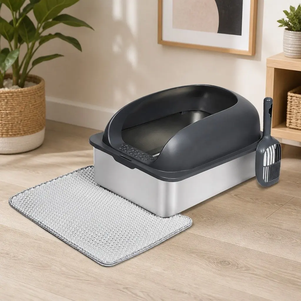 Cat Litter Box Stainless Steel Large 20L Capacity Open Design with Mat Scoop