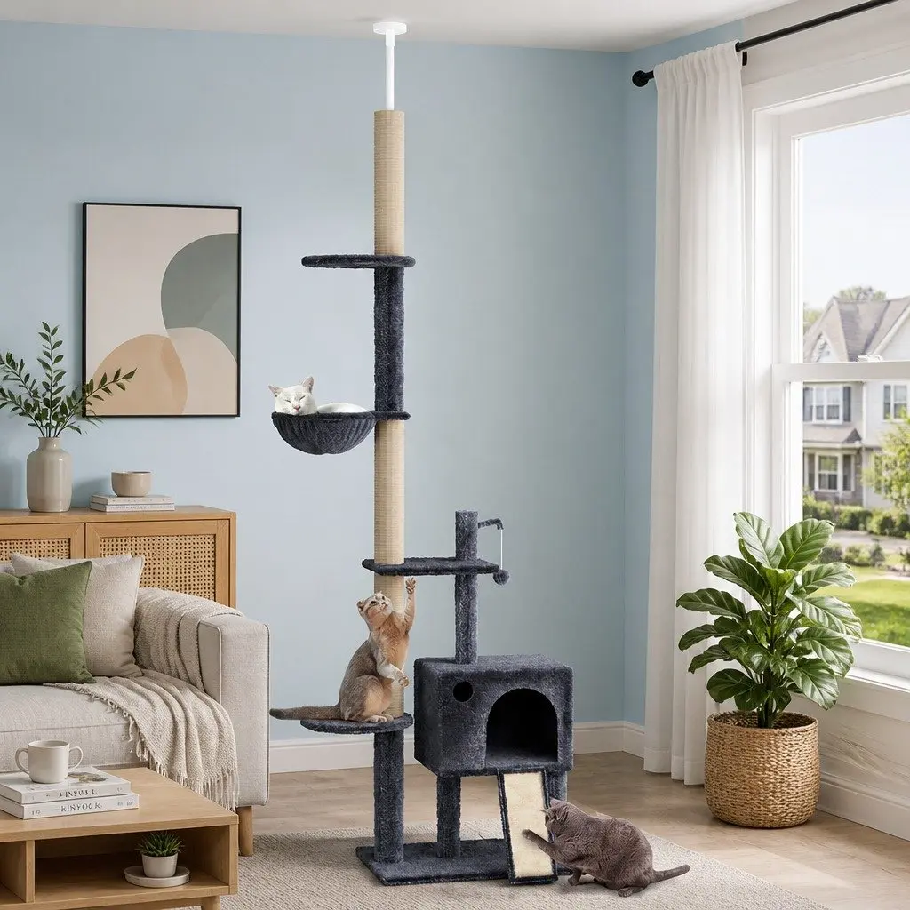 Cat Tree Multi-Level Scratching Post Hammock Condo Grey