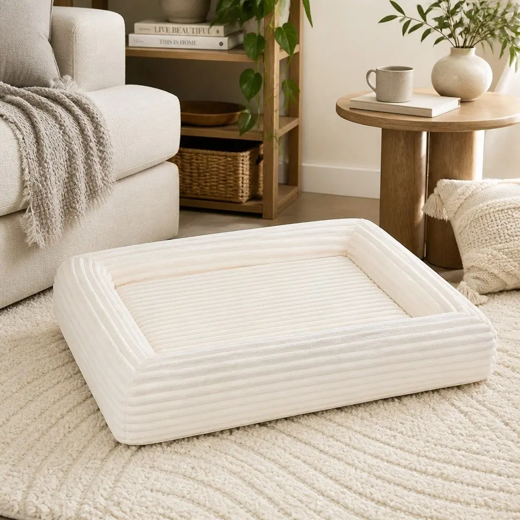 Orthopedic Dog Bed Egg Crate Foam Medium Size Beige Corduroy Removable Cover