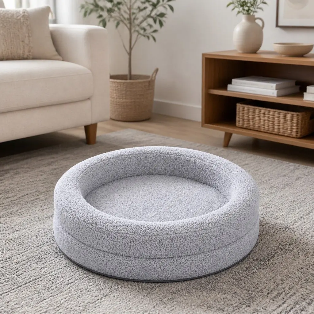 Orthopedic Memory Foam Dog Bed Calming Round Bolstered Light Grey Sherpa Fleece XL