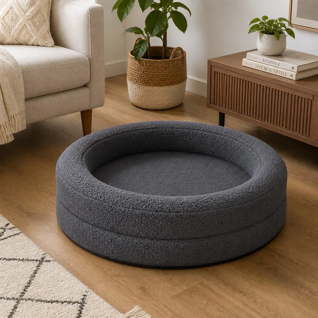 Orthopedic Memory Foam Pet Bed Waterproof Sherpa Dark Grey 120cm Calming Bolster Nest