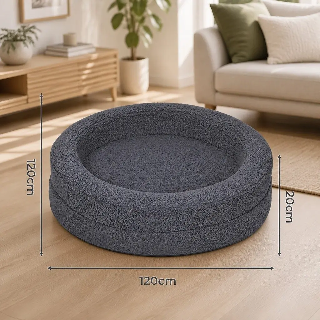 Orthopedic Memory Foam Pet Bed Waterproof Sherpa Dark Grey 120cm Calming Bolster Nest