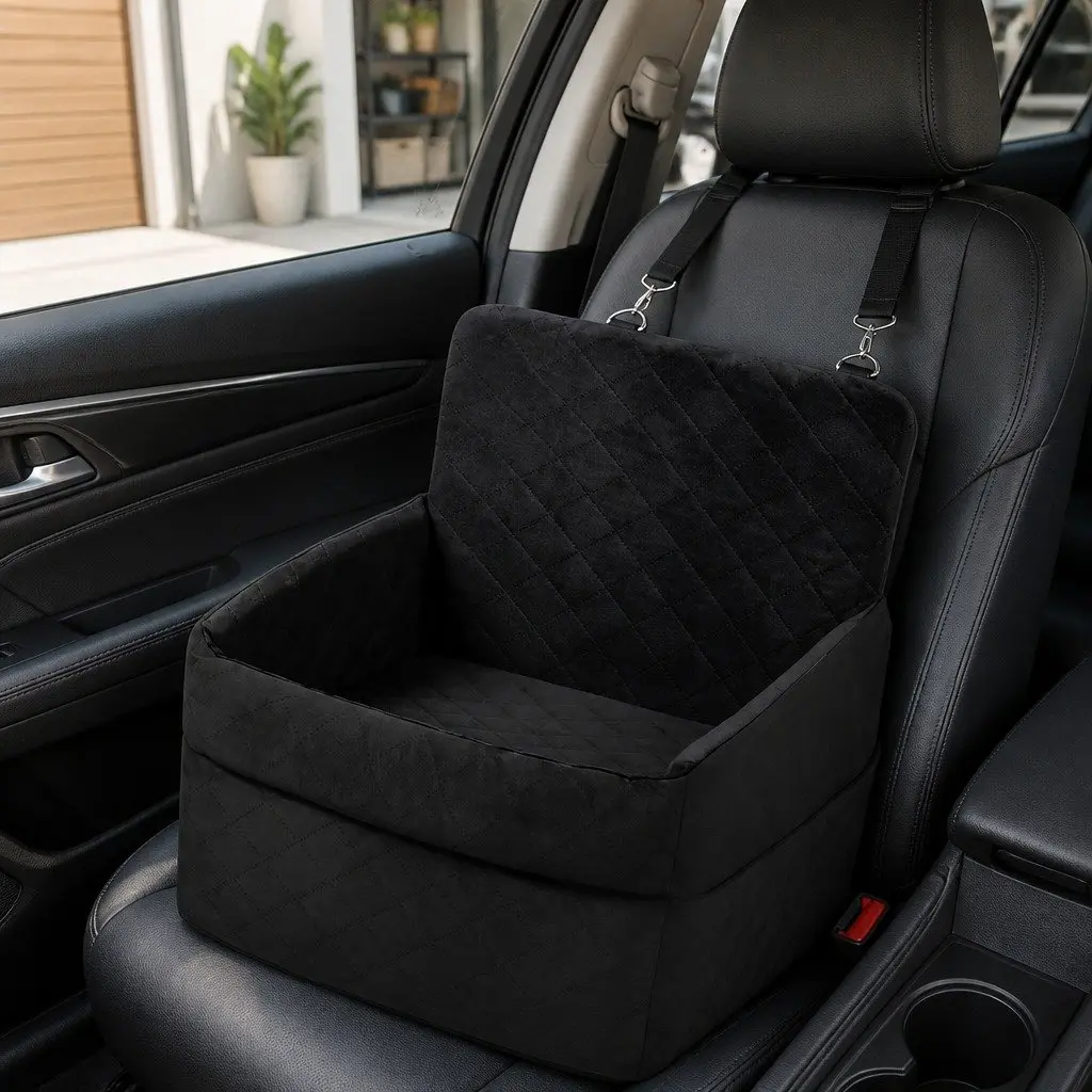 Pet Car Seat Booster Bed Elevated Soft Velvet Waterproof for Small Medium Dogs Black