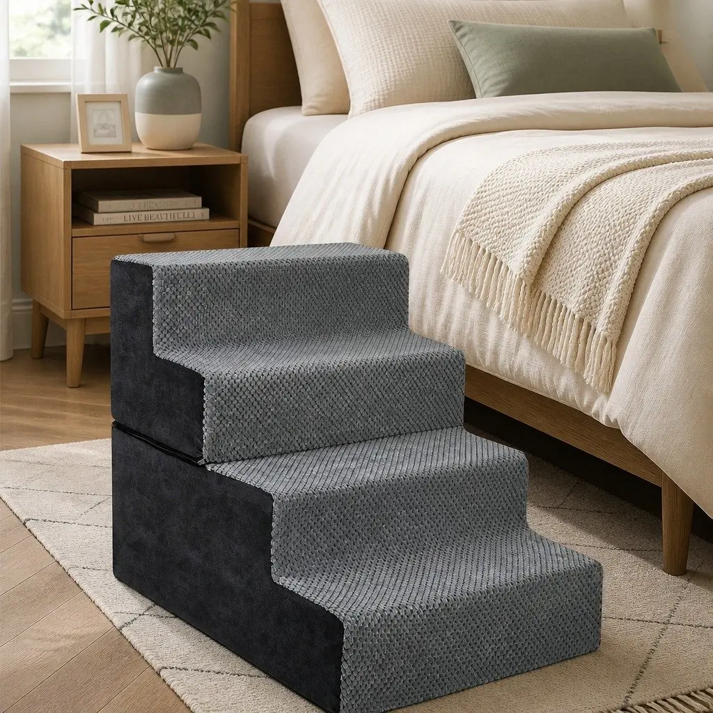 Pet Stairs High Density Foam Non-Slip Grey Portable Washable Cover 4 Step
