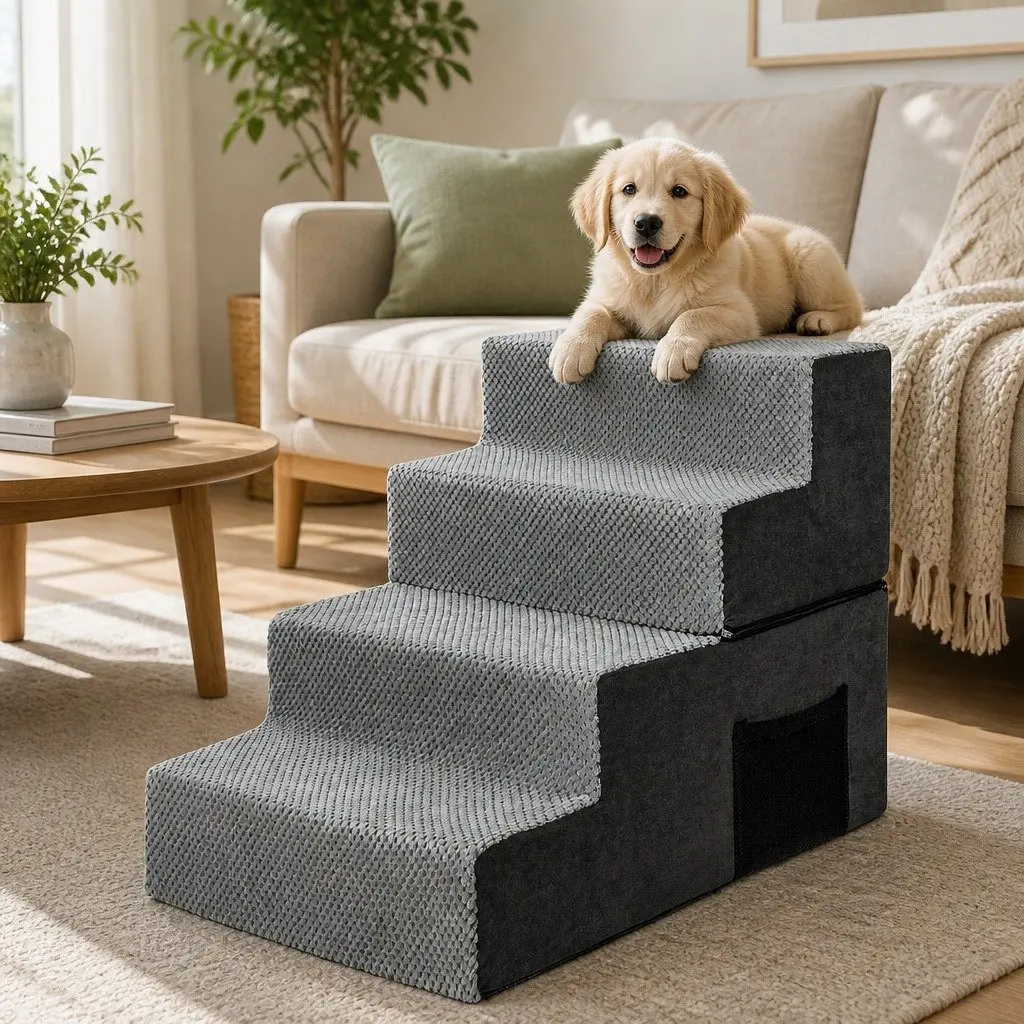 Pet Stairs High Density Foam Non-Slip Grey Portable Washable Cover 4 Step