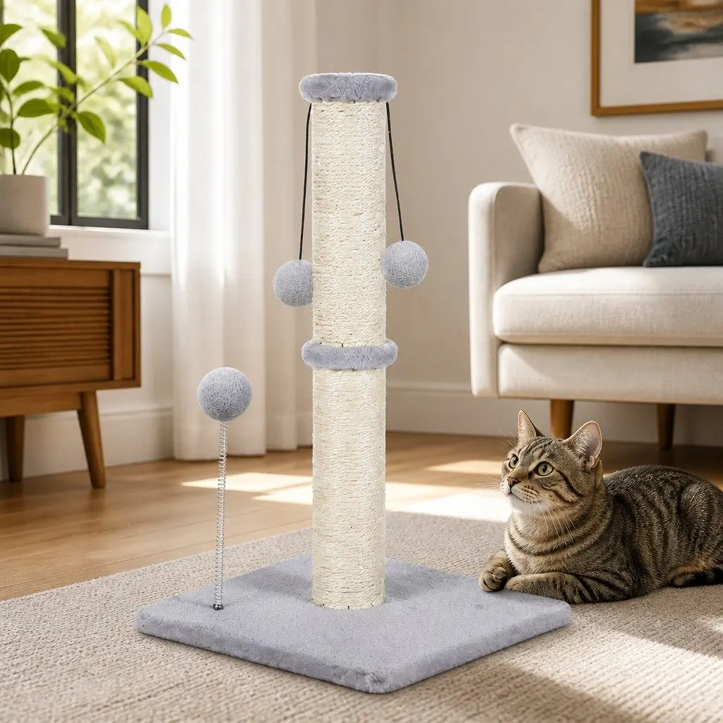 Cat Scratching Post Tower Natural Sisal Rope Plush Balls Interactive Play