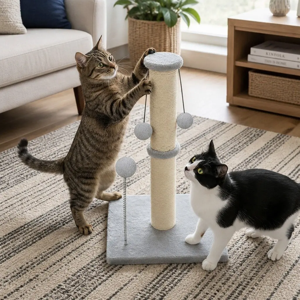 Cat Scratching Post Tower Natural Sisal Rope Plush Balls Interactive Play