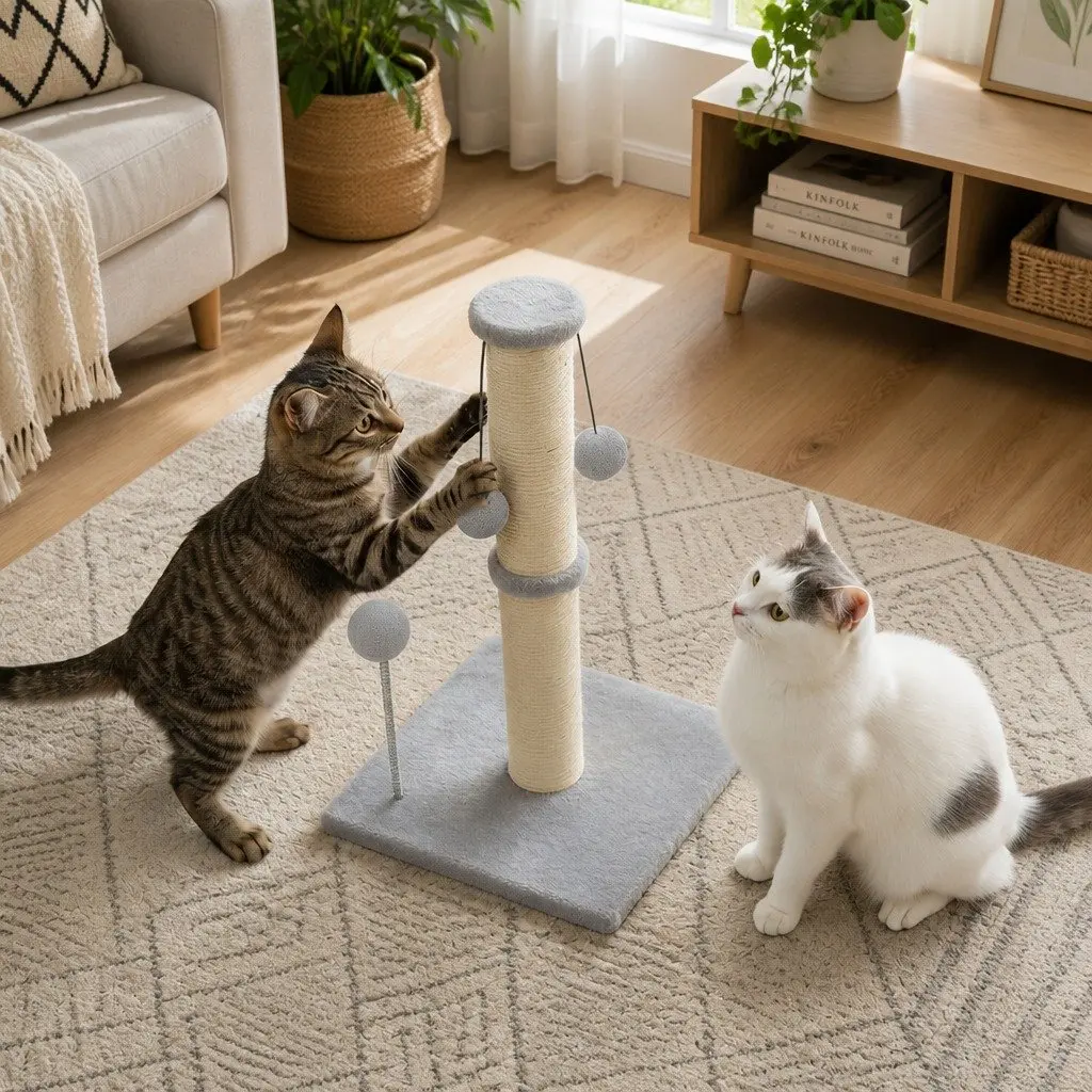 Cat Scratching Post Tower Natural Sisal Rope Plush Balls Interactive Play
