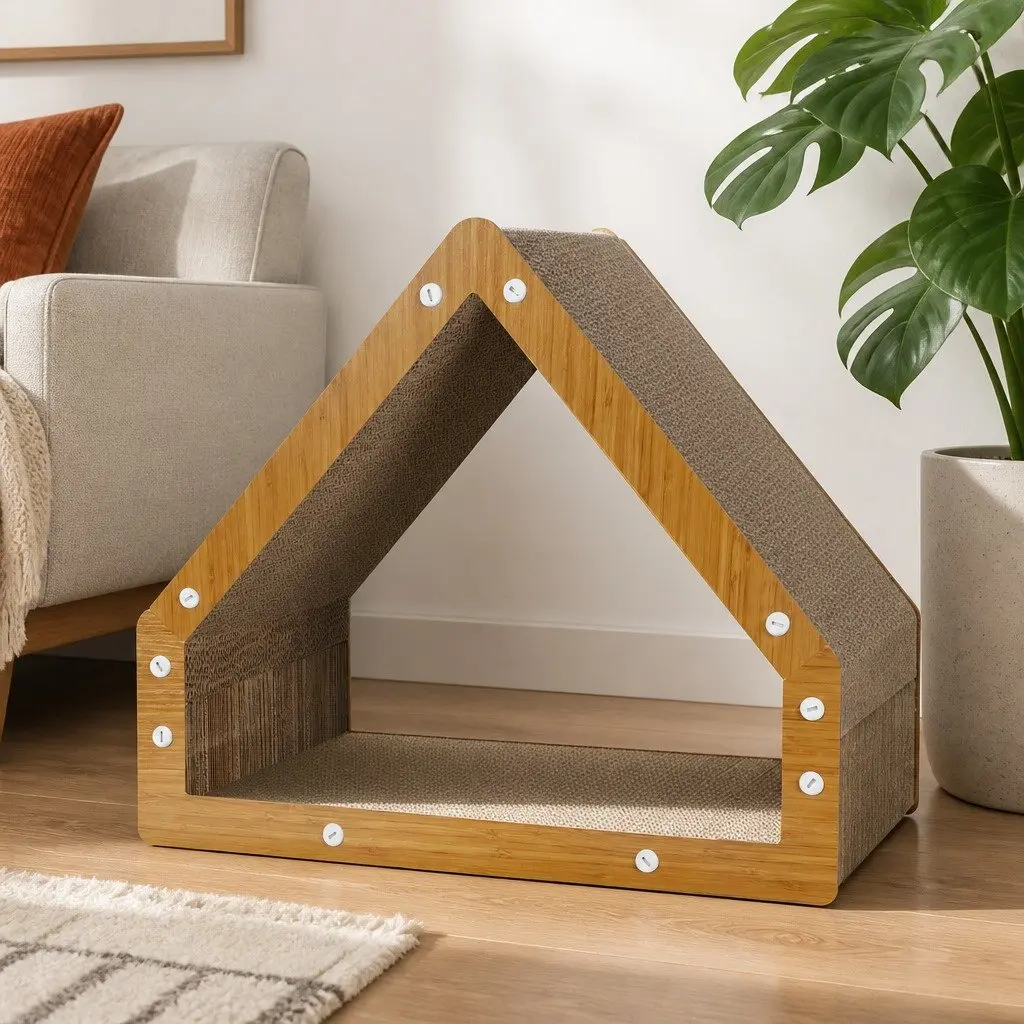 Cat Scratcher Board House-Style Cardboard Lounger with Hideaway Tunnel Brown