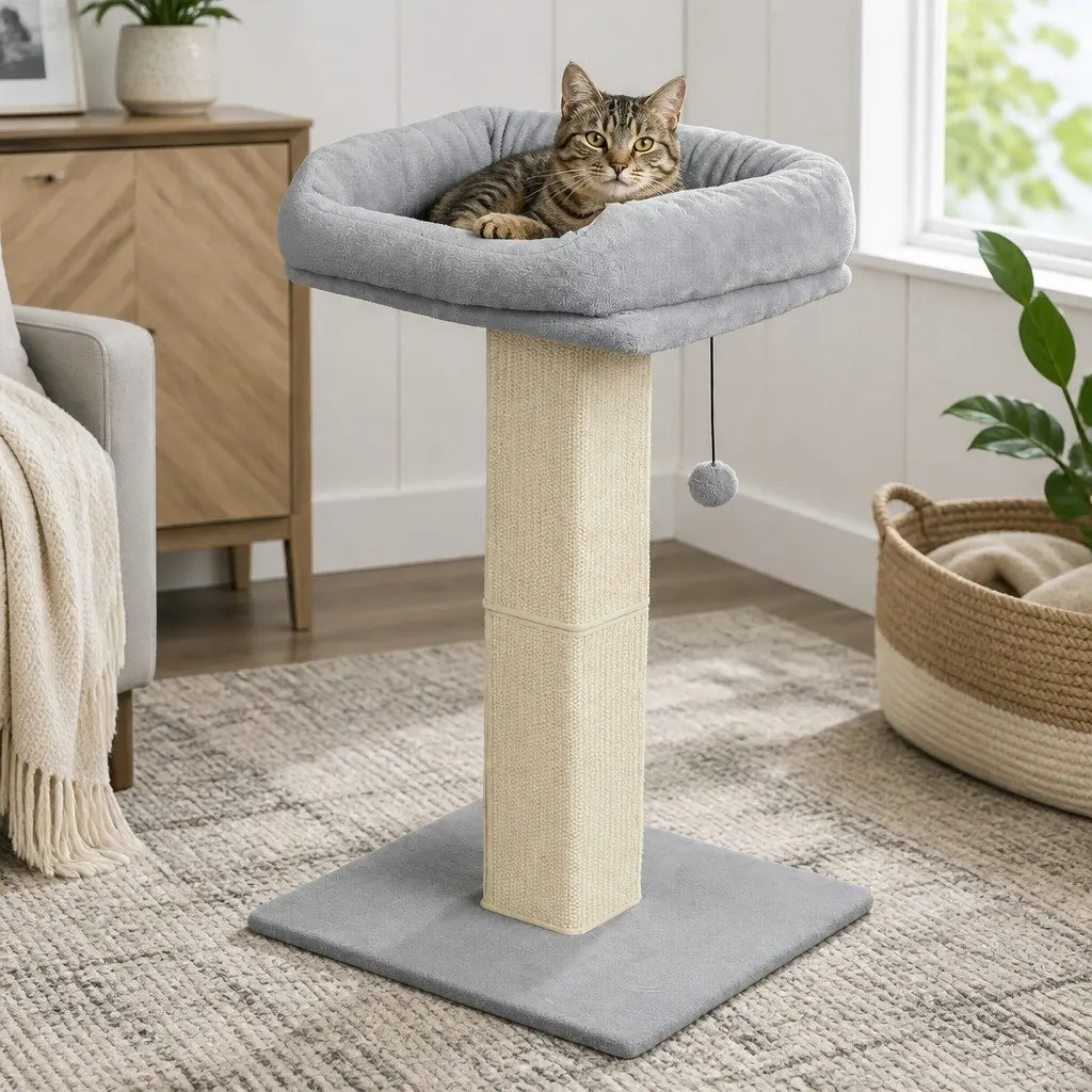 Cat Scratching Post Large Perch Bed Natural Sisal Rope Light Grey