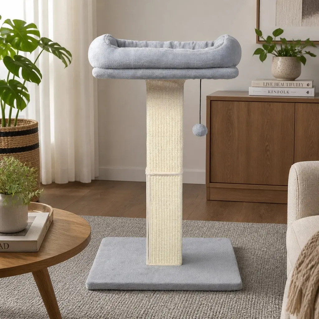 Cat Scratching Post Large Perch Bed Natural Sisal Rope Light Grey