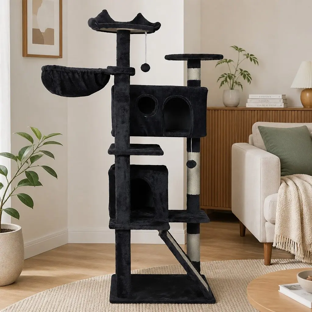 Cat Tree Multi-Level Tower 145cm Plush Dark Grey Activity Centre