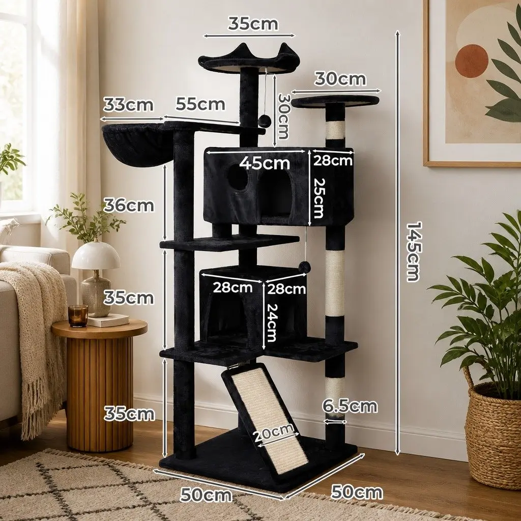 Cat Tree Multi-Level Tower 145cm Plush Dark Grey Activity Centre