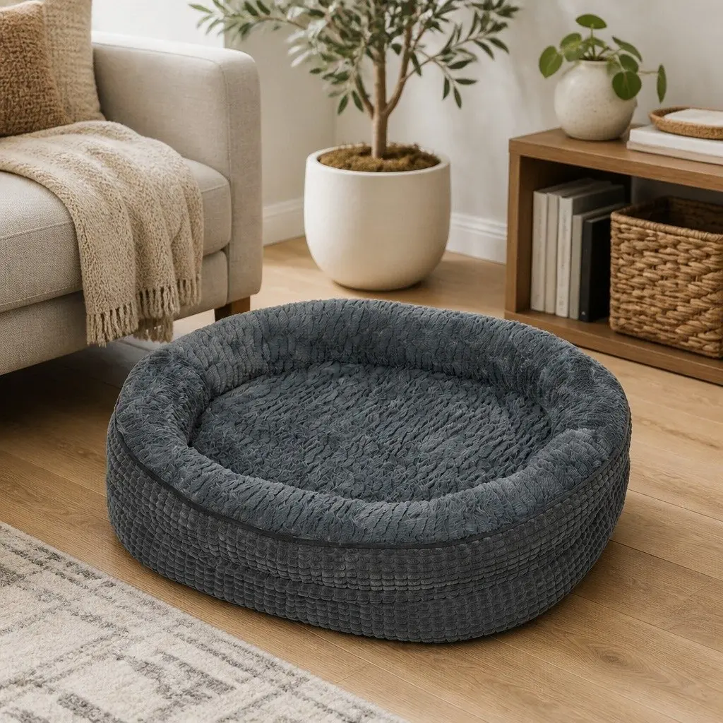 Orthopedic Plush Dog Bed XXL Soft Washable Pet Cushion Grey Bolstered Cosy