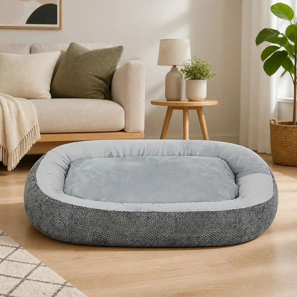Pet Bed Orthopedic Plush Grey Washable Non Slip Indoor Dog Cushion Soft Bolster