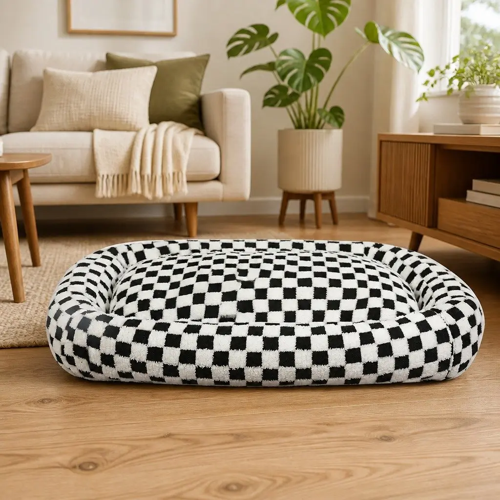 Dog Bed Calming Plush Checkered Soft Removable Cover Bolster 90cm L x 60cm W Black and White