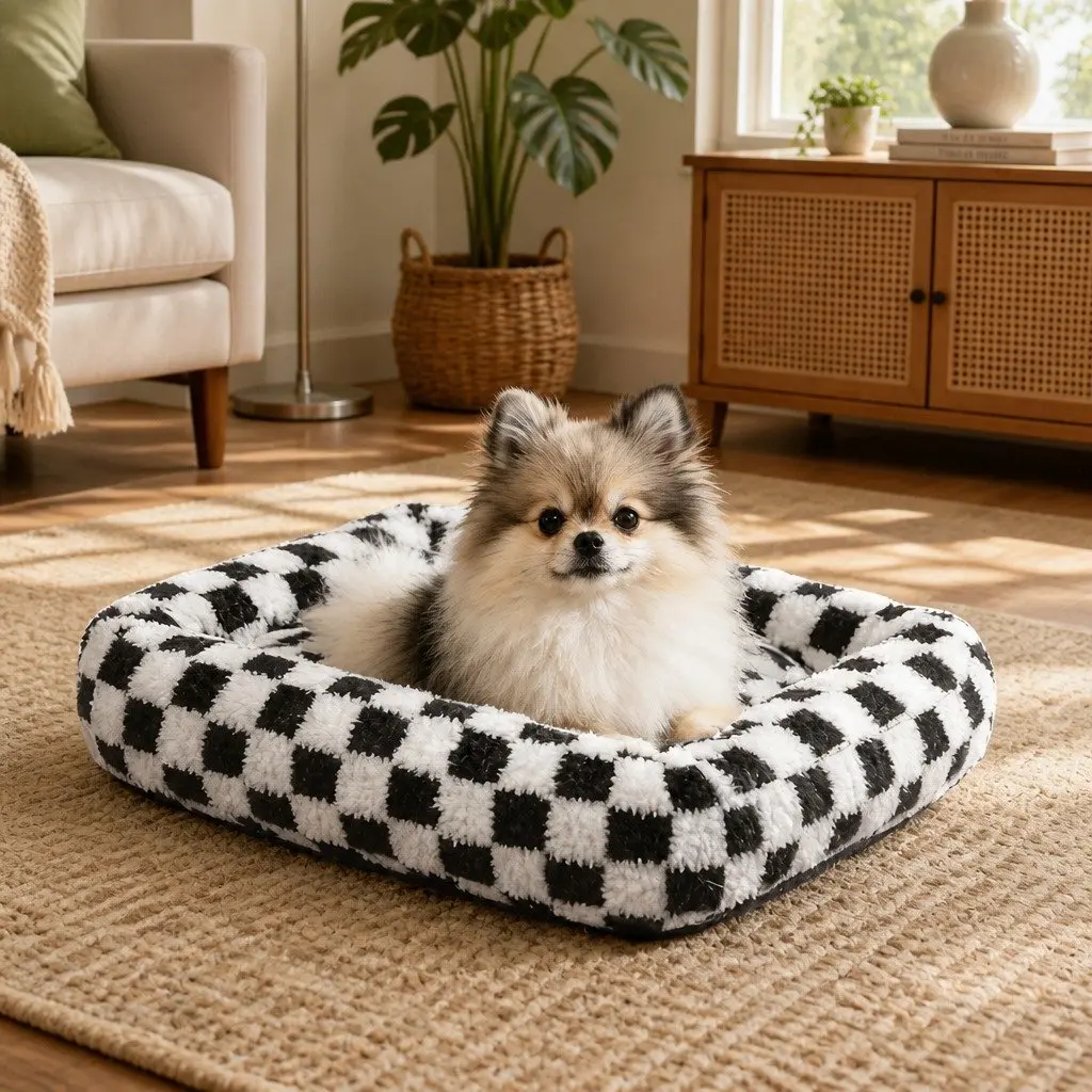 Dog Bed Calming Plush Checkered Soft Removable Cover Bolster 90cm L x 60cm W Black and White
