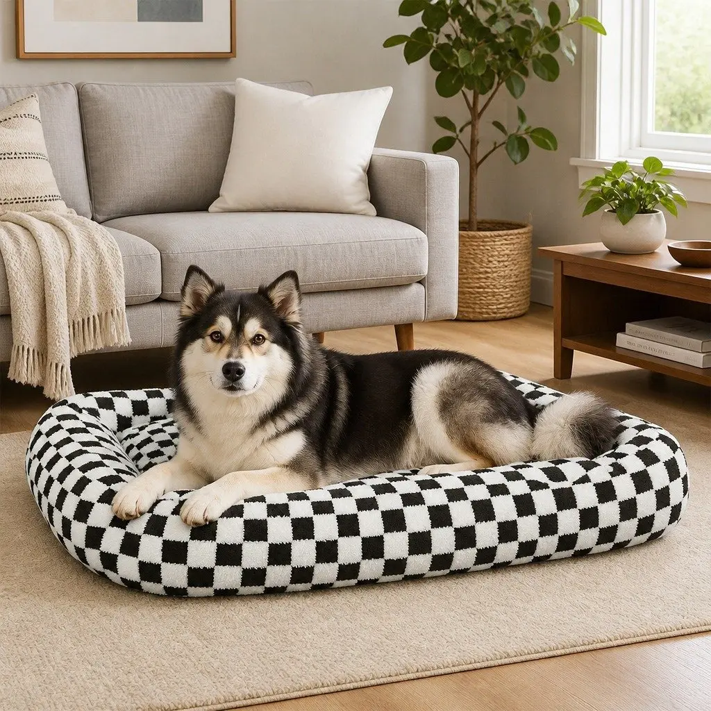 Dog Bed Calming Plush Checkered Soft Removable Cover Bolster 90cm L x 60cm W Black and White