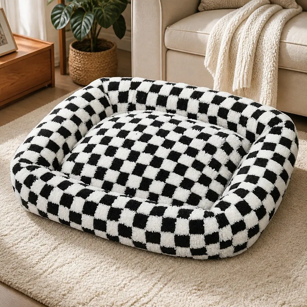 Dog Bed Plush Soft Washable Removable Cover Raised Bolster 70cm L x 50cm W Black and White