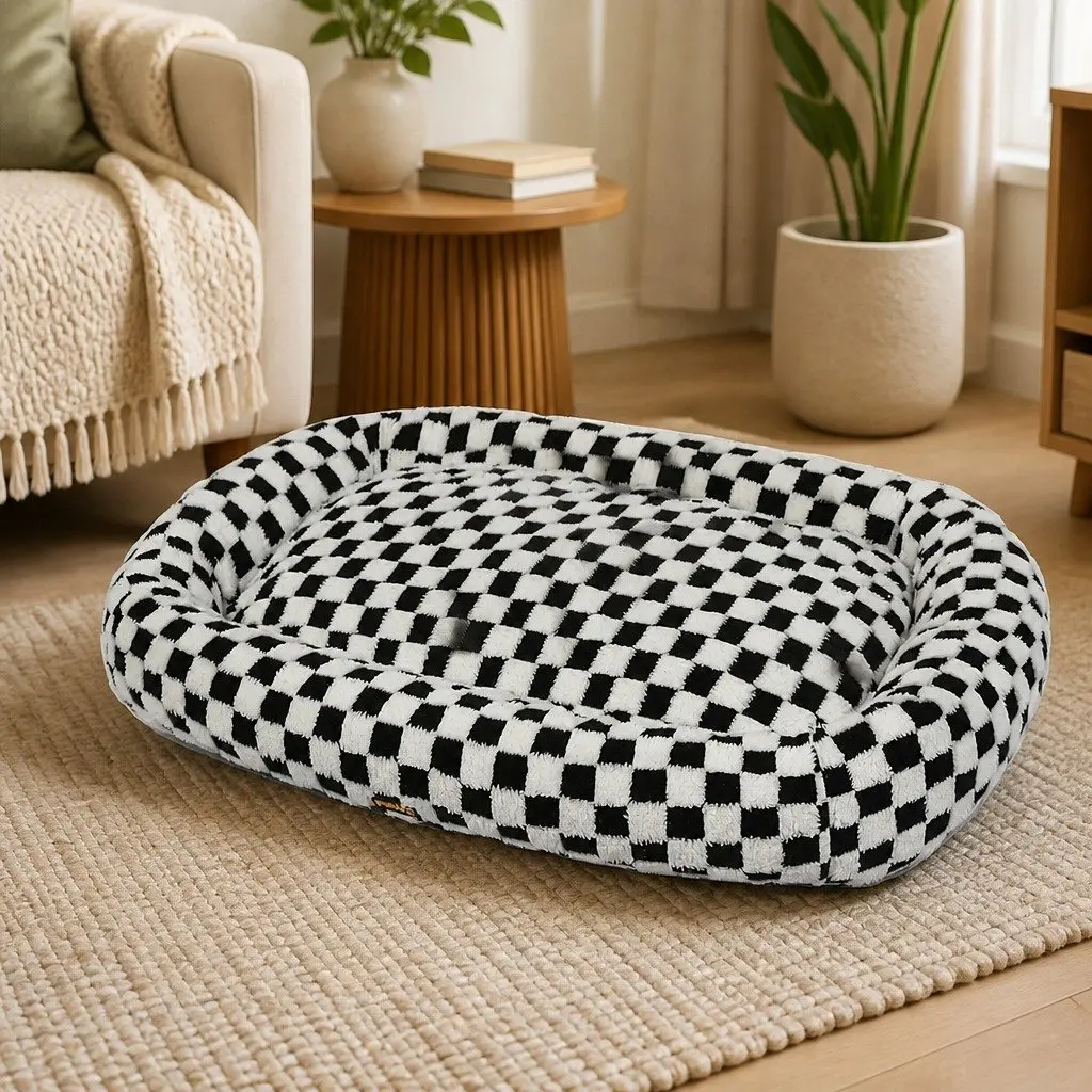 Dog Bed Calming Plush Soft Washable Removable Cover Raised Bolsters Black and White 130cm L x 110cm W x 11cm H