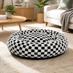 Circular Plush Dog Cosy Bed Calming Pet Checkered Removable Washable Cover