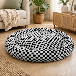 Circular Plush Dog Cosy Bed Checkered Calming Pet Bed Removable Washable Cover