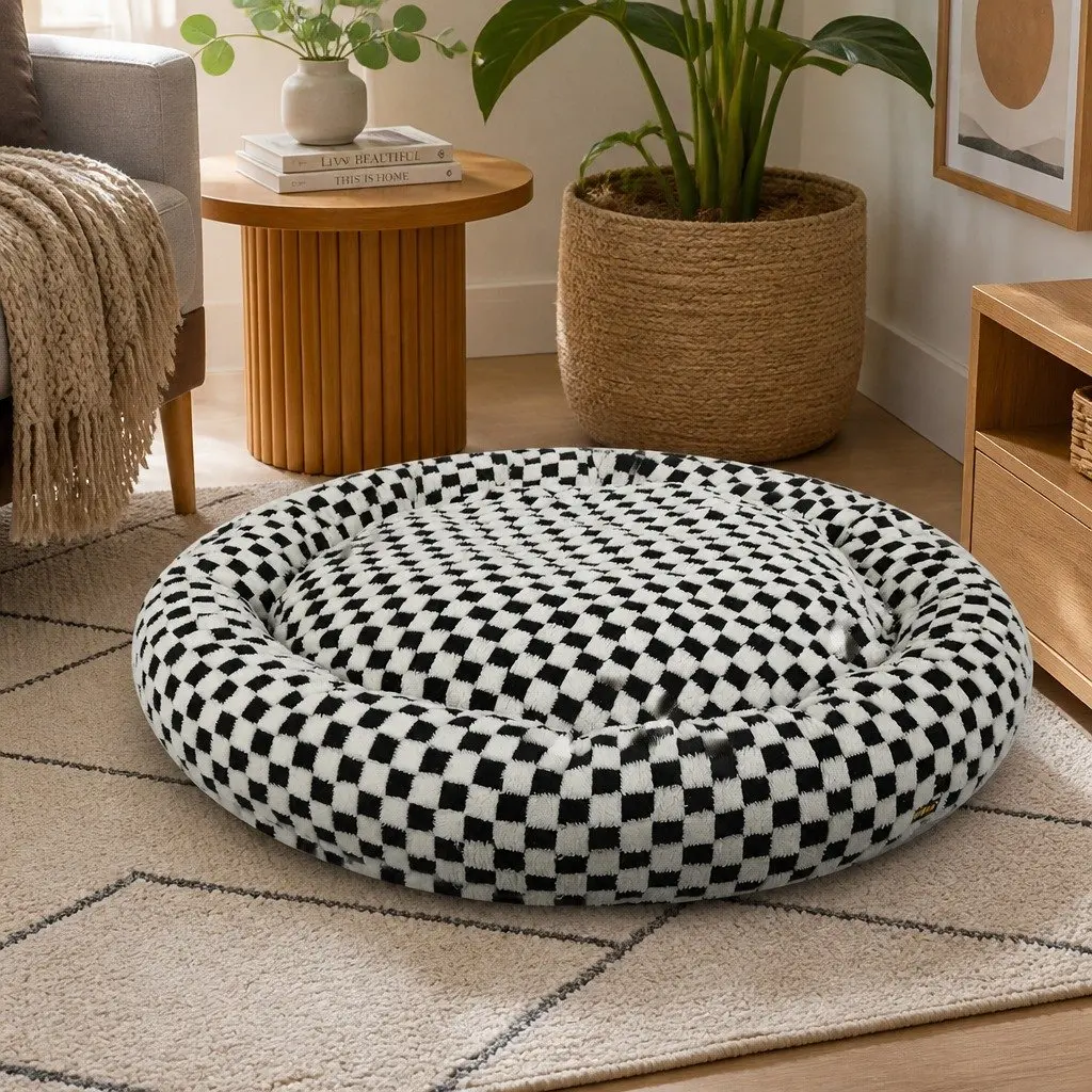 Circular Plush Dog Bed Soft Checkered Fabric 80cm Black and White Removable Washable Cover
