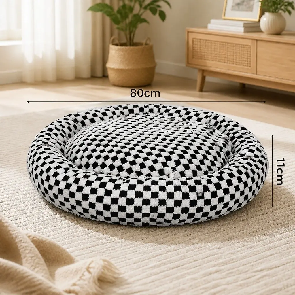 Circular Plush Dog Bed Soft Checkered Fabric 80cm Black and White Removable Washable Cover