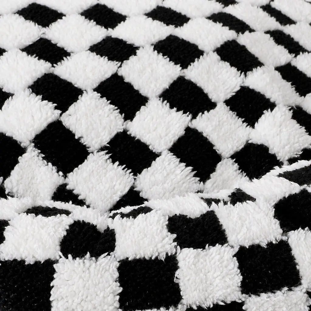 Circular Plush Dog Bed Soft Checkered Fabric 80cm Black and White Removable Washable Cover