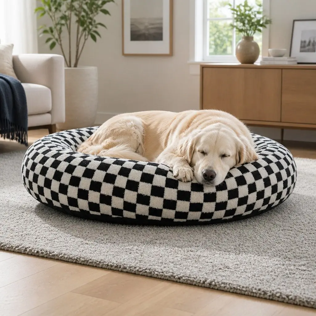 Circular Plush Dog Bed Soft Checkered Fabric 80cm Black and White Removable Washable Cover