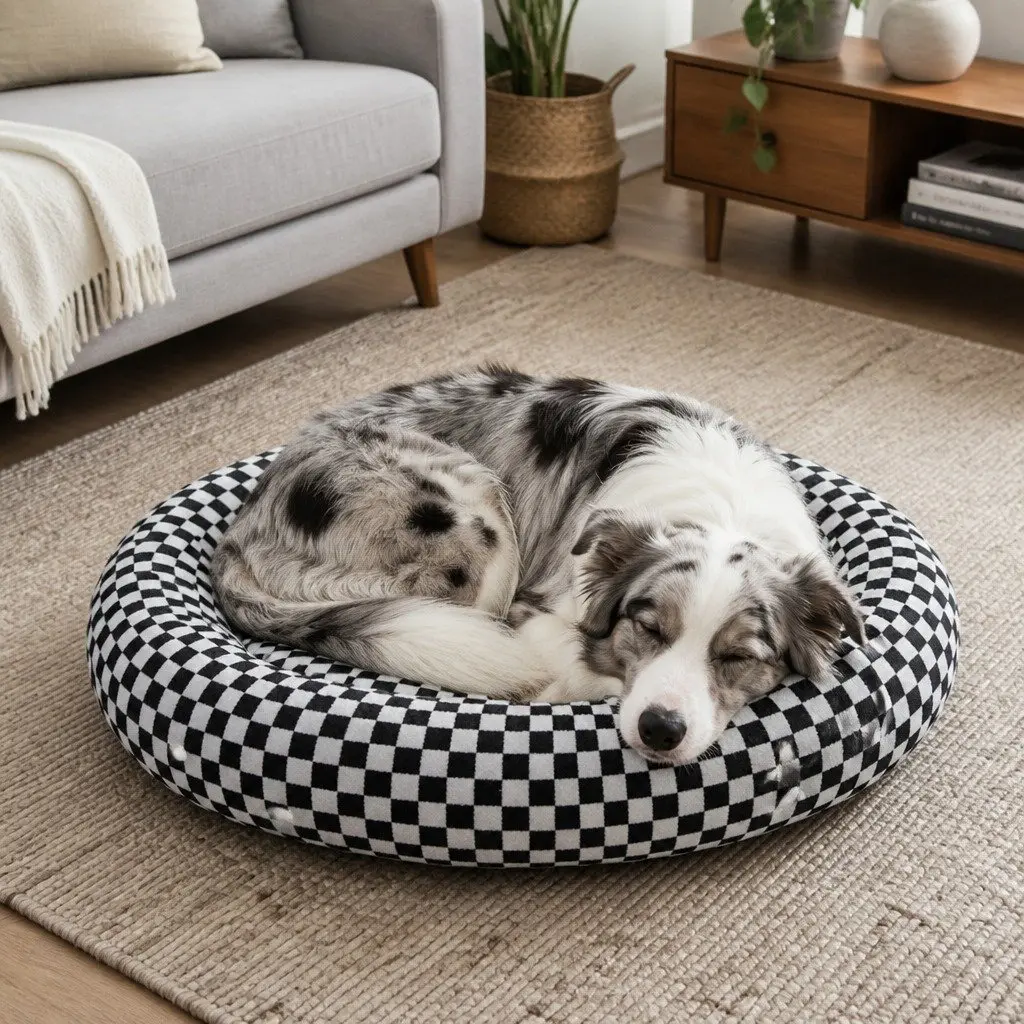 Circular Plush Dog Bed Soft Checkered Fabric 80cm Black and White Removable Washable Cover