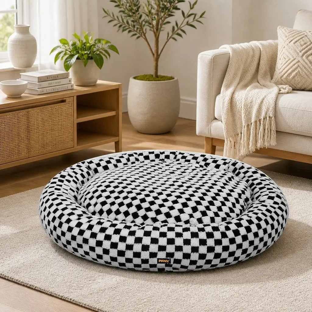Circular Plush Dog Bed Soft Checkered Fabric 80cm Black and White Removable Washable Cover