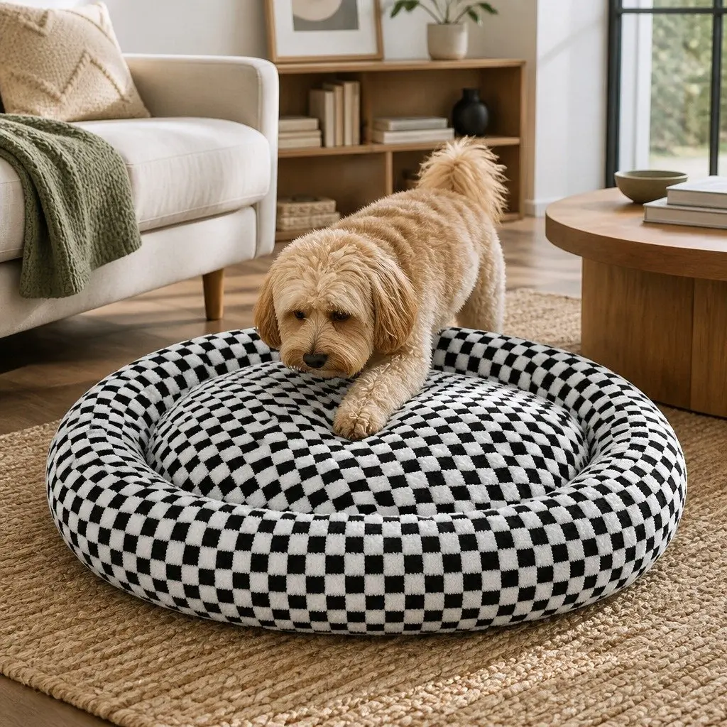 Circular Dog Bed Calming Plush Removable Cover Non-Slip Base 120cm Black and White Checkered
