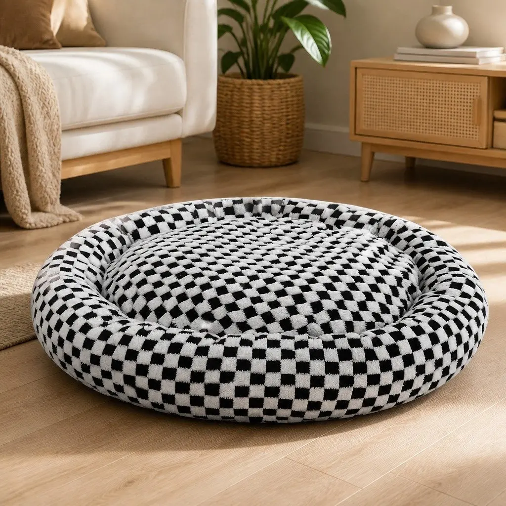 Circular Dog Bed Calming Plush Removable Cover Non-Slip Base 120cm Black and White Checkered